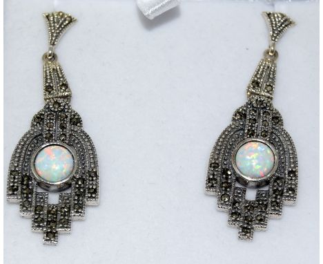 Pair of art deco stylesilver and marcasite and opal earrings