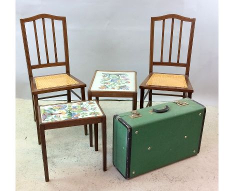 Pair bergere bedroom chairs ,small nest of tables and a travelling trunk