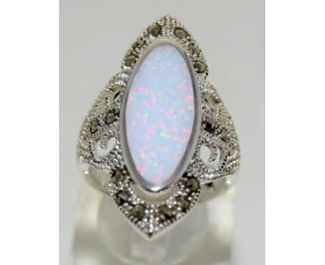 Silver marcasite and large opal ring in open work setting