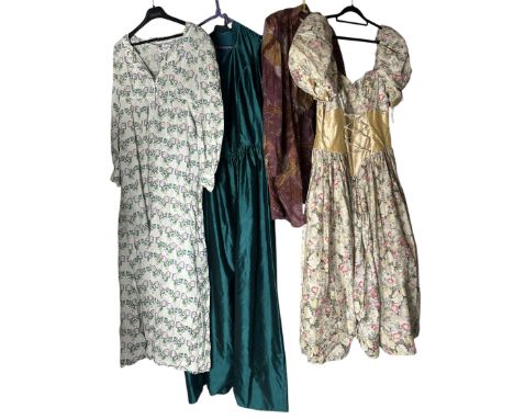 A 1960s painterly print tunic with snaps to fasten, a 1980s rose print cotton gown with corset front and peach shantung waist