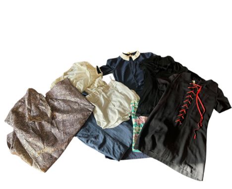 A group of vintage fashions to include a 1960s strapless evening gown in a lurex brocade, a Radley lace front mini dress, a l