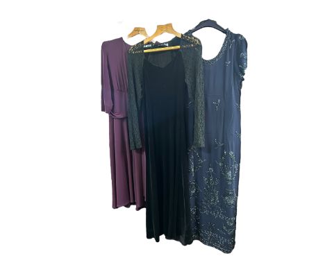 A group of late 20th / early 21stcentury women&rsquo;s wear to include a purple jersey dress by Eastex, a beaded navy blue ge