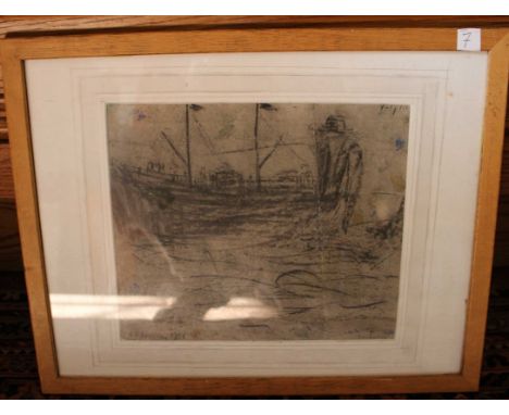 After L.S. Lowry Fishing boat, drawing  bears signature and date 1951, lower left, 22.5 x 26.5cm and a coloured Lowry print "