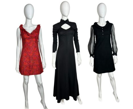 1960s fashion to include a high necked black crimplene maxi dress by Bernshaw with key hole front and back, a knee length Dol