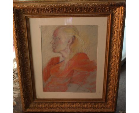 After Lucian Freud Portrait of Cessa half length wearing a red dress,pastel, bears signature. 40 x 25cm