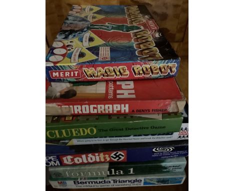 Games to include Colditz and Cluedo, monopoly etc &nbsp;and Magic robot vintage 1970s games and pastimes selection, all boxed