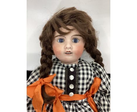 French antique 21&rdquo; bisque head doll anchor mark made in France fixed glass deep blue eyes and later wig and clothes-Hea