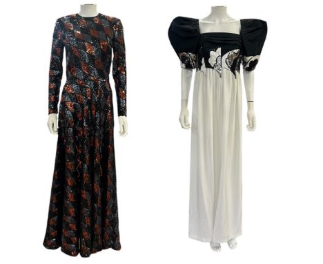 1970s and 1980s evening wear to include a  pair of royal purple suede stiletto shoes with rose gold trim, Italian made, 1980s