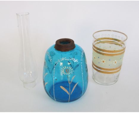 A blue enamelled glass oil lamp font with a clear glass chimney (damaged), probably Turkish Beykoz 19th century. Missing the 