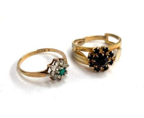 A 9ct ring set with central green stone surrounded by eight white stones in the form of a flower; together with a yellow meta