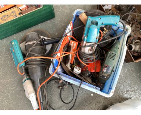 A mixed box of tools, to include Black &amp; Decker angle grinder, Makita and Bosch drill, various grinding discs, lump hamme