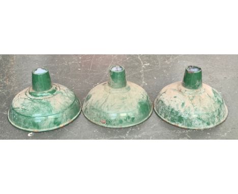 A lot of three vintage green enamel industrial lightshades, each 41cmD 