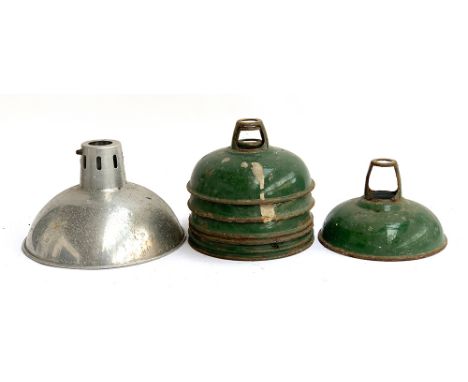 A set of six vintage industrial green enamel lamp shades, 23cmD, together with one other similar, and a spun aluminium lamp s