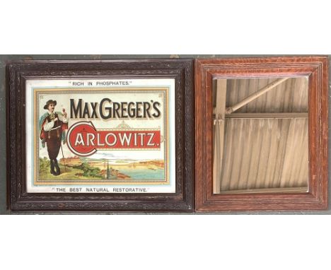 Max Greger's Carlowitz advertising print, 29x39cm; together with a small mirror, 39x34cm; a print of an 18th century colour e