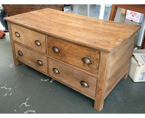 A light oak coffee table, with four bi-directional drawers, 110x60x51cmH 