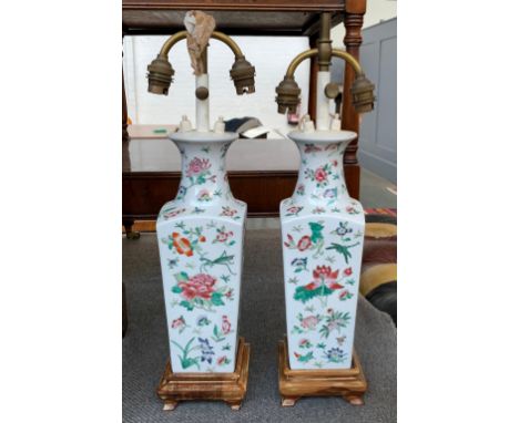 A pair of Chinese square tapered ceramic table lamps with double fittings, each 49cmH 