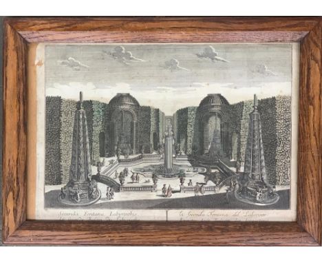 An 18th century colour print of a formal garden, 'Secunda Fontana Labyrinthis', 29x44cm 
