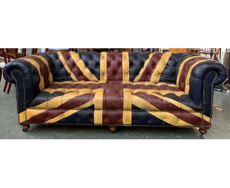 A leather Andrew Martin Chesterfield sofa painted in a Union Jack pattern, 220cmW 