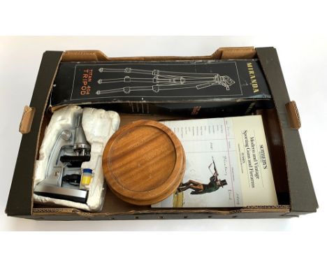 A box containing Microscope, Camera Tripod, Mahogany Rotating Display Stand and Spoon Rack 