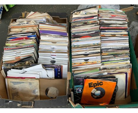 Two boxes of vinyl singles to include Roy Orbison, Michael Jackson, Elton John, Deaf Leppard, The Drifters etc 