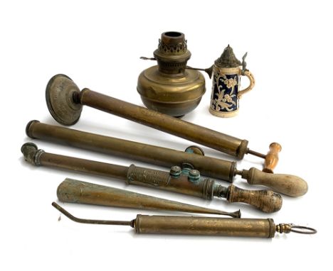 A mixed lot to include several vintage water sprays; brass oil lamp reservoir etc 
