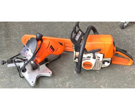A Stihl MS 210C petrol chainsaw; together with a Neilsen chainsaw sharpener 
