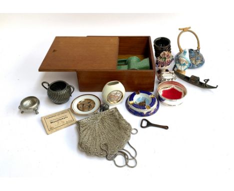 A mixed lot to include meat grinder in wooden case, pewter items, beaded evening purse, encrusted ceramics, Tenomoku Pottery 