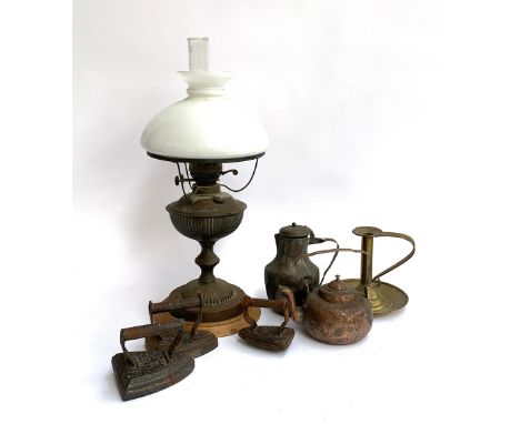 A mixed lot of brass and copper items to include oil lamp with milk glass shade and pyrex chimney, 55cmH, Kenrick no.1 iron e