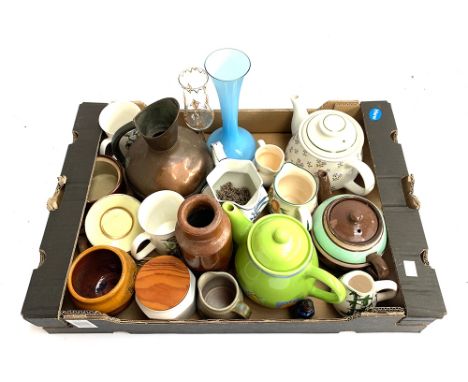 A mixed lot of ceramics to include teapots, jugs, copper jug, vintage blue glass Sanoid eye drop bottle etc 