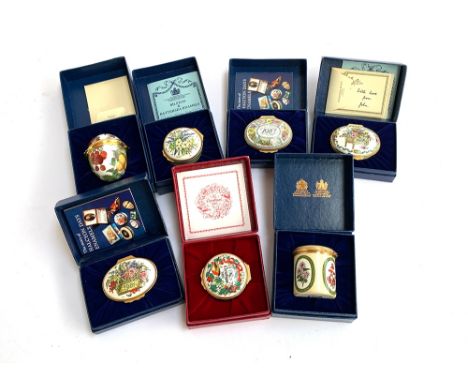 Seven boxed Halcyon days enamel trinket boxes, '1981', '1982', '1983', 'Christmas 1981' etc 