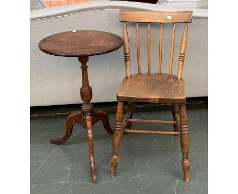 A small George III oak tip-top table, on turned column support, on cabriole legs, 43x68cmH; together with a Mendlesham style,