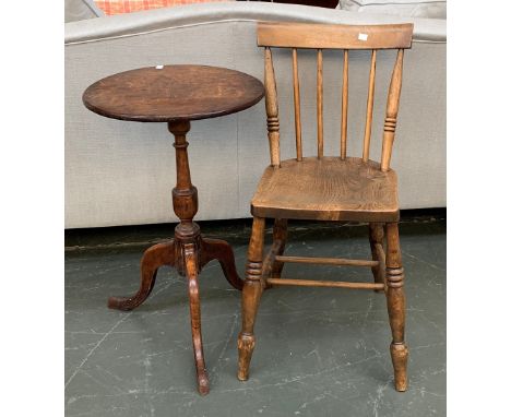 A small George III oak tip-top table, on turned column support, on cabriole legs, 43x68cmH; together with a Mendlesham style,