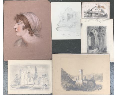 Three architectural pencil studies, the largest 22x28cm; together with a pencil study of a dog; a portrait of a lady, pastel 