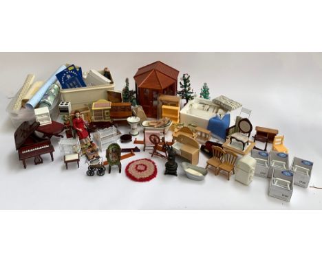 A very large collection of dolls house furniture and electrical fittings, to include grand piano, D-end table, ceramic bath t