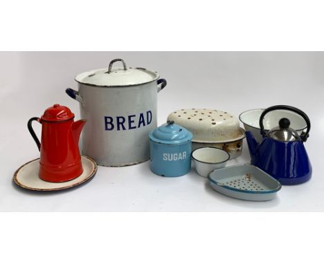 A mixed lot of vintage enamel kitchenalia, to include bread bin 30cmH (excluding handle); coffee pot; sugar jar; kettle; cola