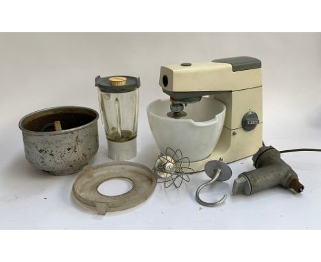 A vintage Kenwood chef mixer, with accessories including dough hook, mincer, blender etc 