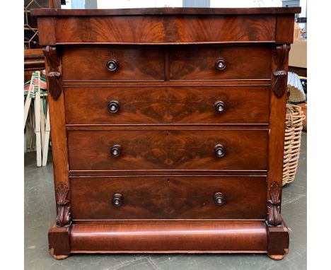 A large North Country chest of drawers, serpentine top and first drawer, over a further two short and three long drawers, 130