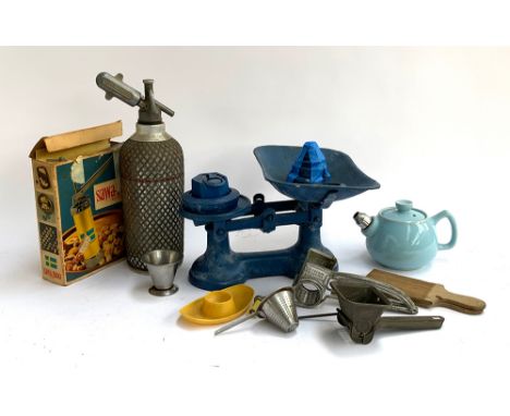 A lot of vintage kitchenalia to include Sparklets soda siphon, scales, Sawa 2000 etc 