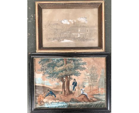 A pencil and body colour sketch of a Royal French Palace, 21.5x31cm; together with a colour print of ladies and gentlemen wit