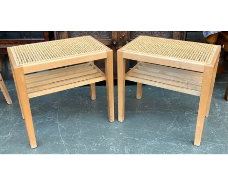 A pair of light oak occasional stools/tables, caned top, over slatted undershelf, 36x55x52cmH 