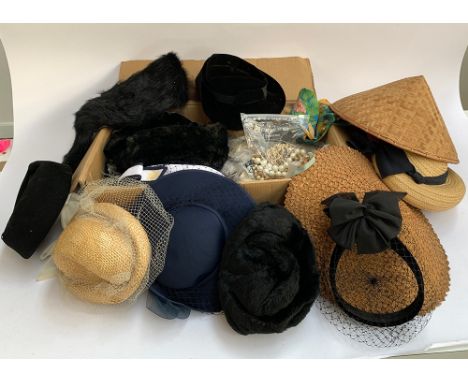 A quantity of vintage ladies hats, scarfs and a small amount of costume jewellery 