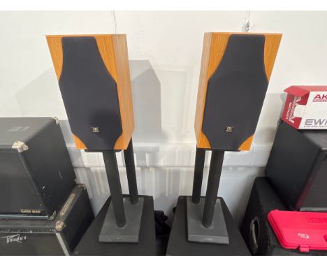 A pair of Monitor Audio Silver 4i 1293 speakers together with a pair of Mission tri column speaker stands 