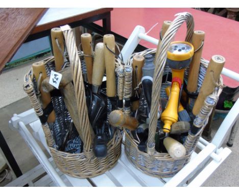 2 X WICKER GARDEN TOOL HOLDERS & CONTENTS