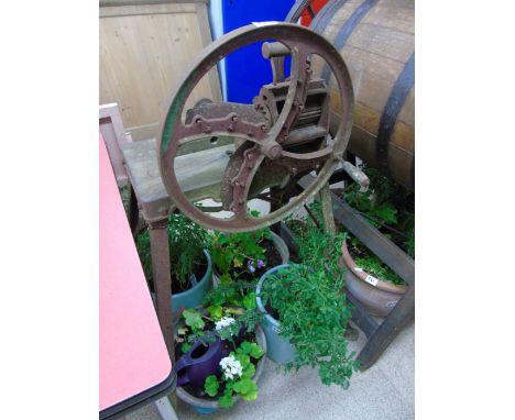 VINTAGE METAL FARM SHREDDER ON STAND
