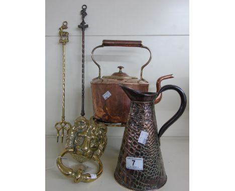COPPER KETTLE ON STAND+ OTHER BRASS & COPPER ITEMS
