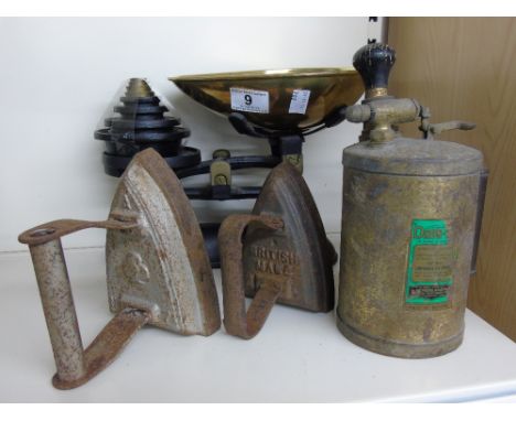 SET OF SCALES & WEIGHTS + OTHER BRASS ITEMS