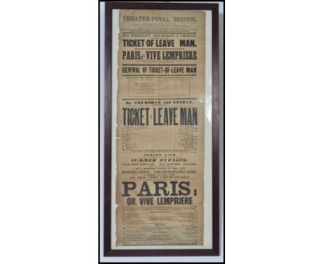 An original 19th century Victorian Theatre poster for The Theatre Royal Bristol for November 1866. Mounted in a glazed frame.