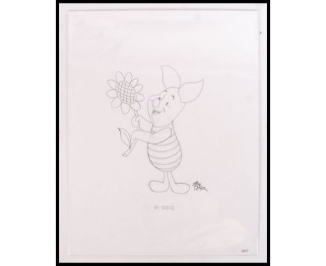 A pencil sketch of the Winnie the Pooh character ' Piglet ' holding a sun flower. Signed ' Mike Royer ' in ink to corner. Mea