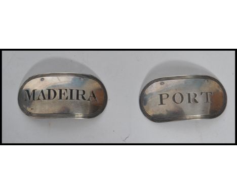 2 silver 18th century hallmarked decanter labels in the thread pattern with notation ofr Port and Madeira. George 3rd Silhoue