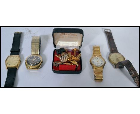A group of vintage 20th century watches to include Avia , Timex , Rotary and Fero along with a group of vintage cufflink cuff